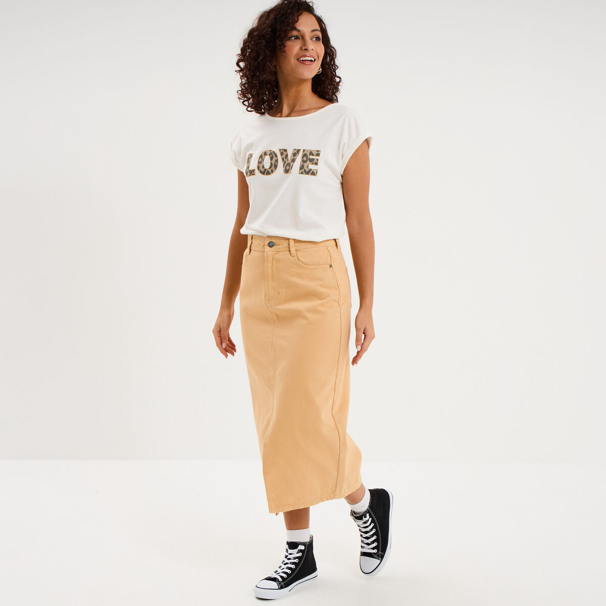 Jupe en jean longue fendue droite beige femme