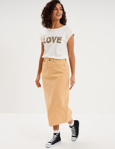 Jupe en jean longue fendue droite beige femme