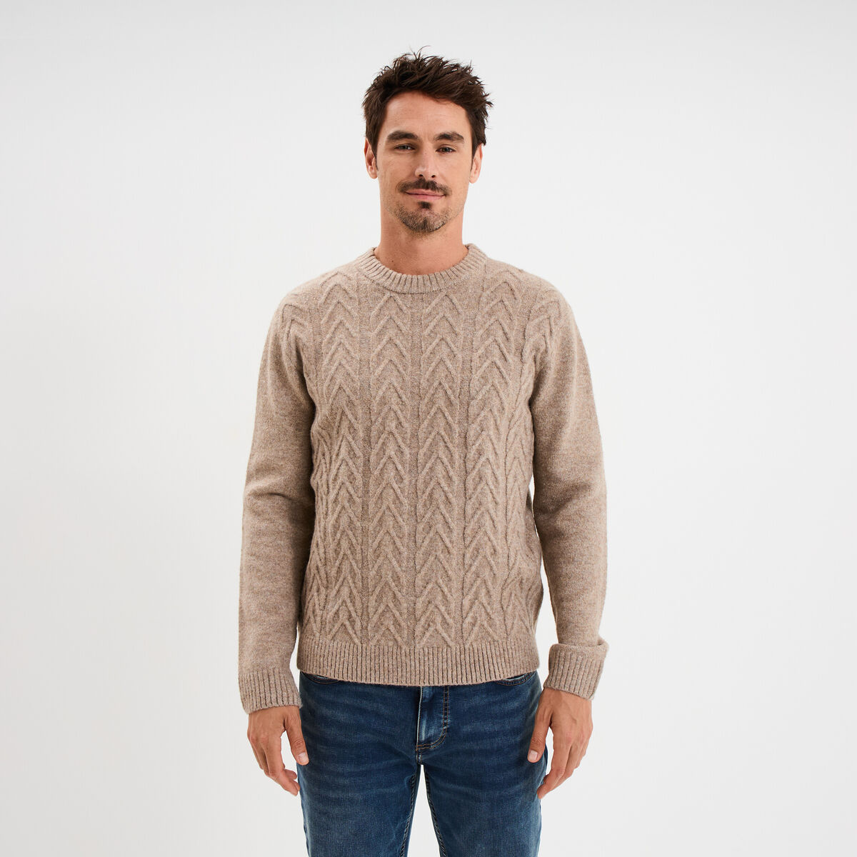 Pull col rond manches longues beige homme