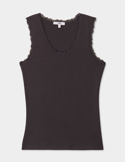 Débardeur coton bords dentelle gris foncé femme