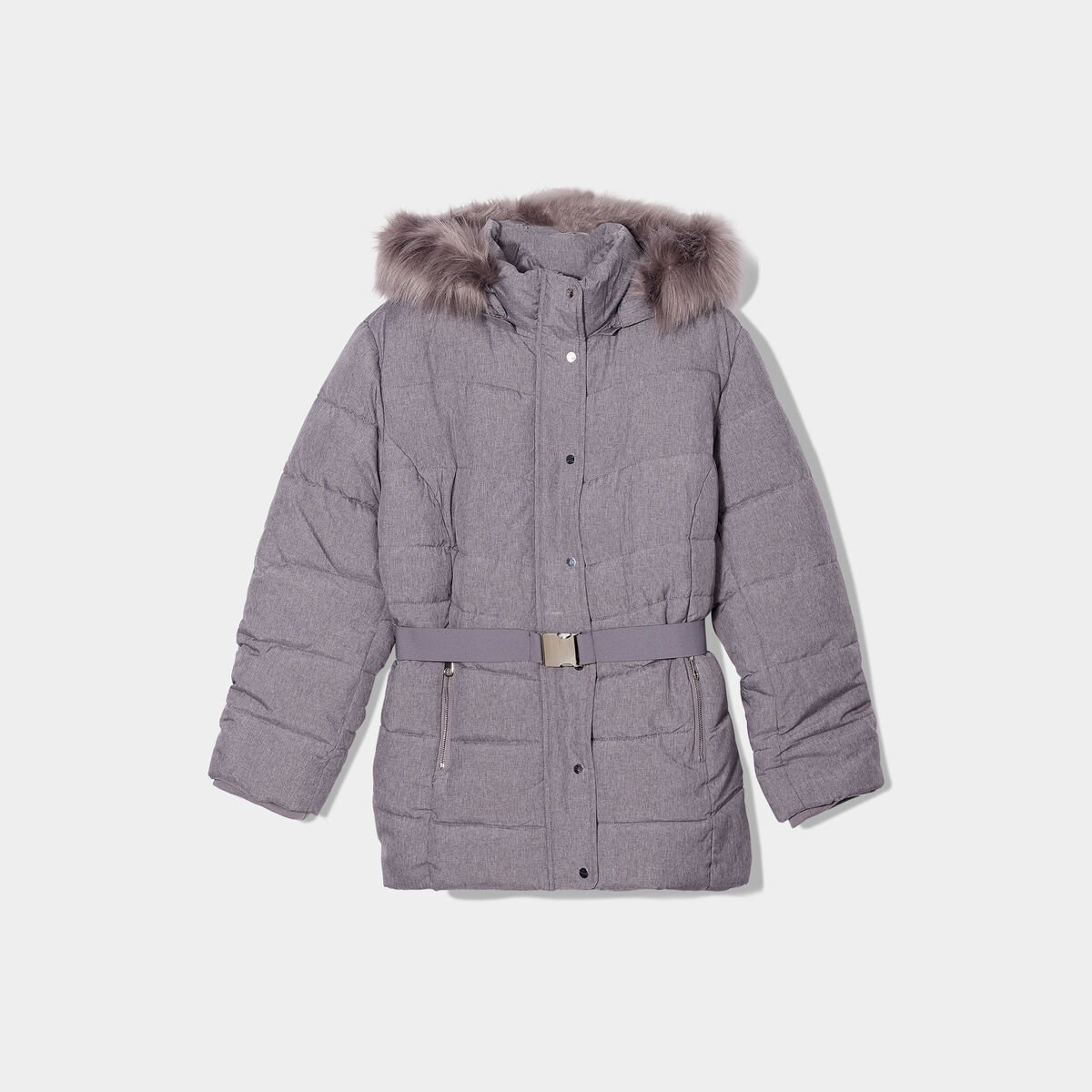 Doudoune capuche fausse fourrure gris clair femme grande taille