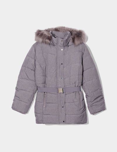 Doudoune capuche fausse fourrure gris clair femme grande taille