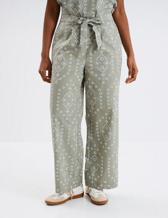 Pantalon regular broderie anglaise vert clair femme