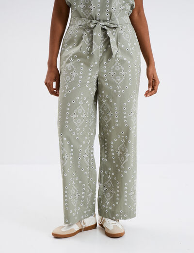 Pantalon regular broderie anglaise vert clair femme