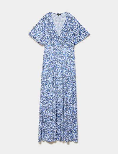 Robe longue gaufr&eacute;e manches courtes ecru femme