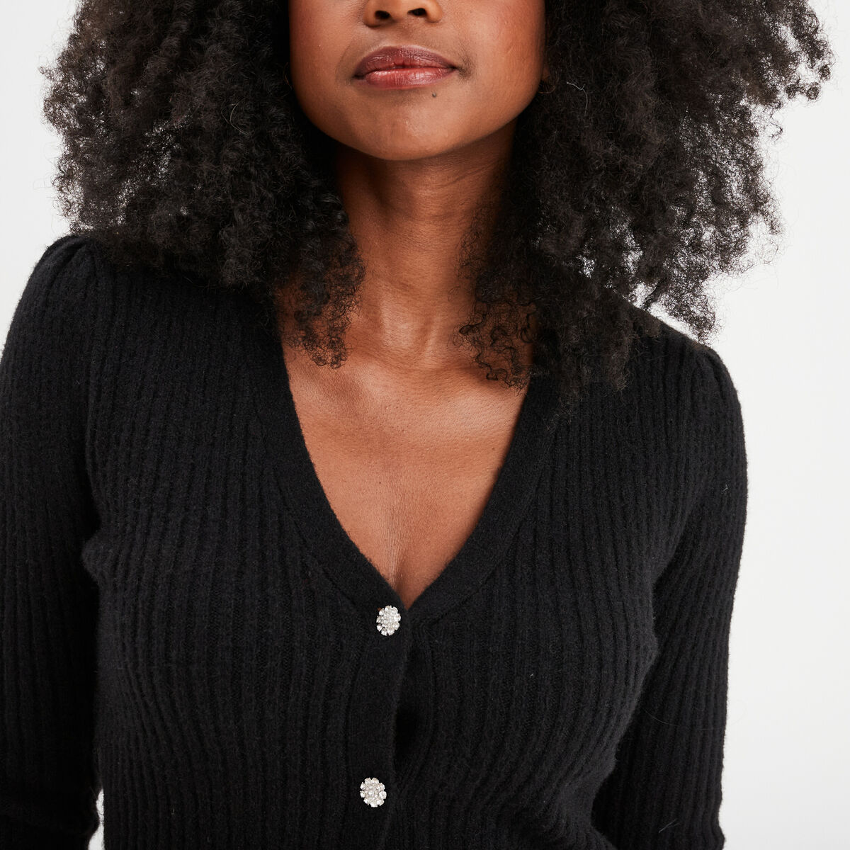Gilet côtelé col en V boutons bijoux noir femme