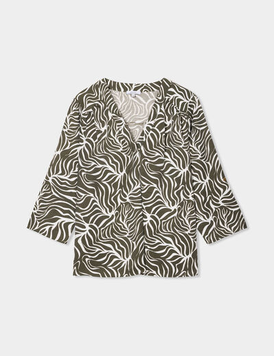 Blouse manches retroussables col en V vert kaki femme grande taille