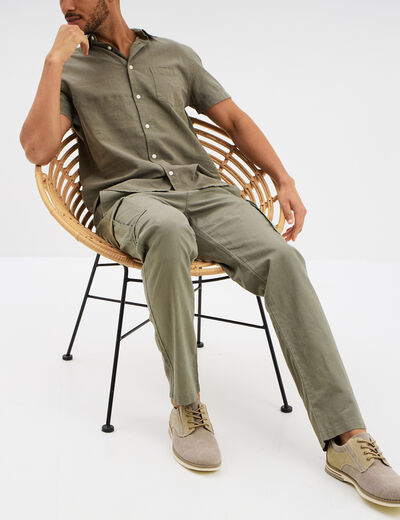 Pantalon cargo en lin m&eacute;lang&eacute; vert kaki homme