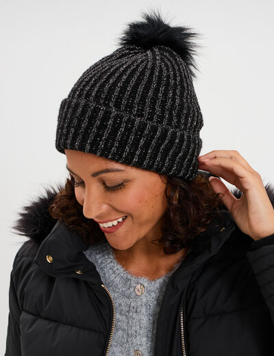 Bonnet &agrave; pompon noir femme