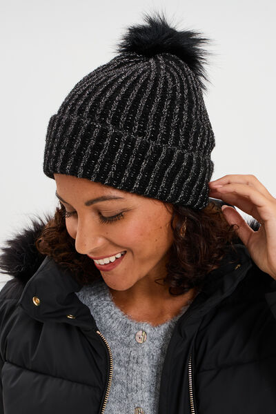 Bonnet &agrave; pompon noir femme