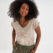 T-shirt coton col en V manches courtes vert kaki femme