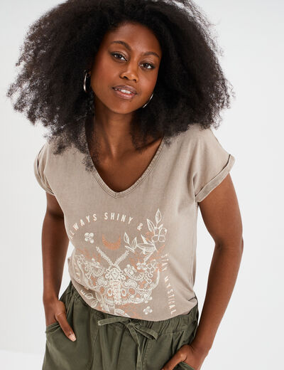 T-shirt coton col en V manches courtes vert kaki femme