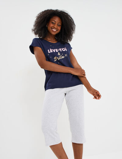 Ensemble pyjama corsaire t-shirt coton bleu marine femme