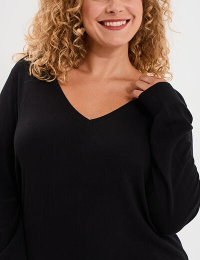 Pull fin col en V manches longues noir femme grande taille