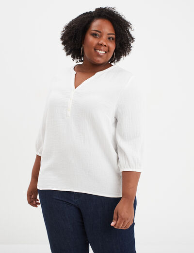 Blouse manches 3/4 gaze de coton blanc femme grande taille
