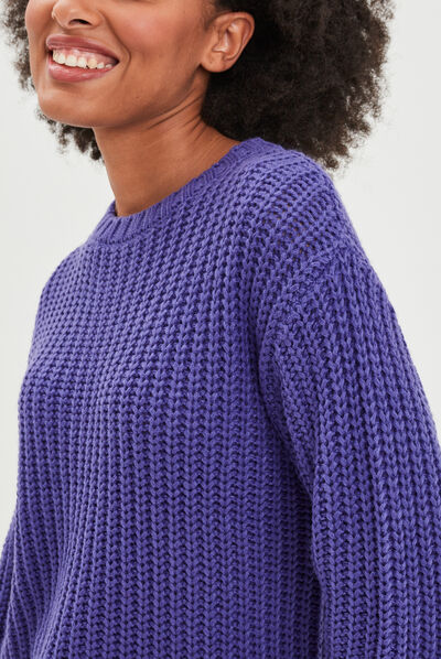 Pull côtelé col rond manches longues violet femme