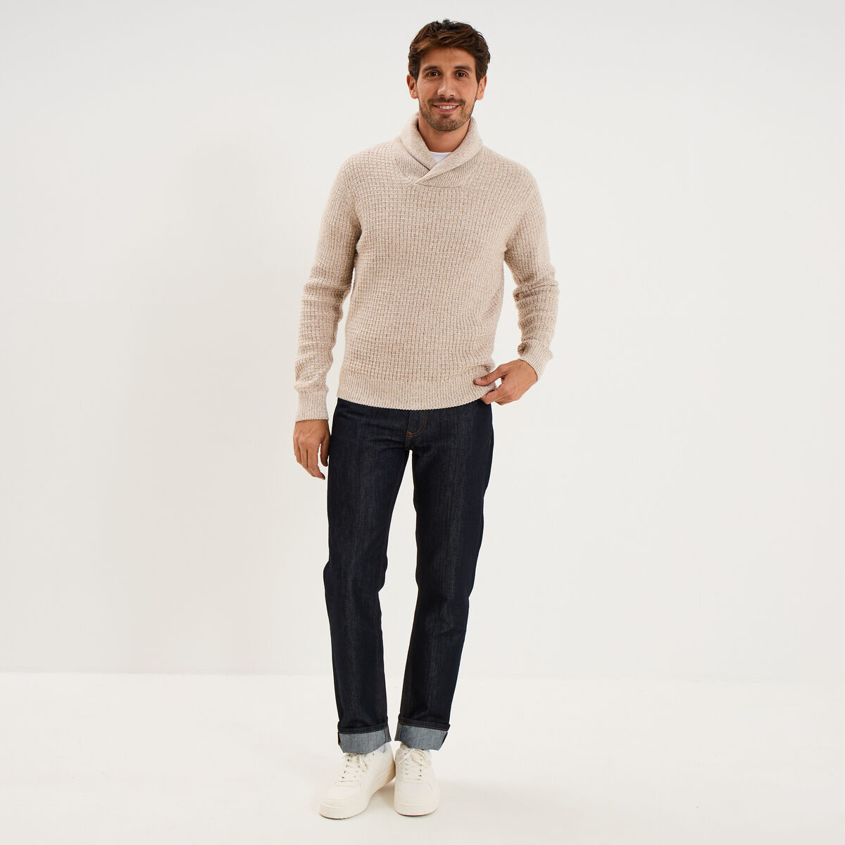 Pull col ch&acirc;le manches longues ecru homme