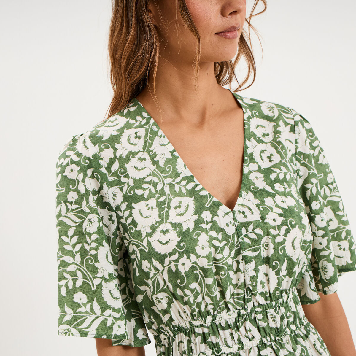 Robe courte taille &eacute;lastiqu&eacute;e vert kaki femme