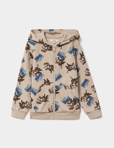 Sweat zipp&eacute; &agrave; capuche molleton imprim&eacute; beige gar&ccedil;on