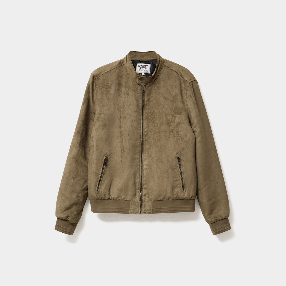 Blouson col biker en su&eacute;dine zipp&eacute; vert kaki homme