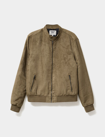 Blouson col biker en su&eacute;dine zipp&eacute; vert kaki homme