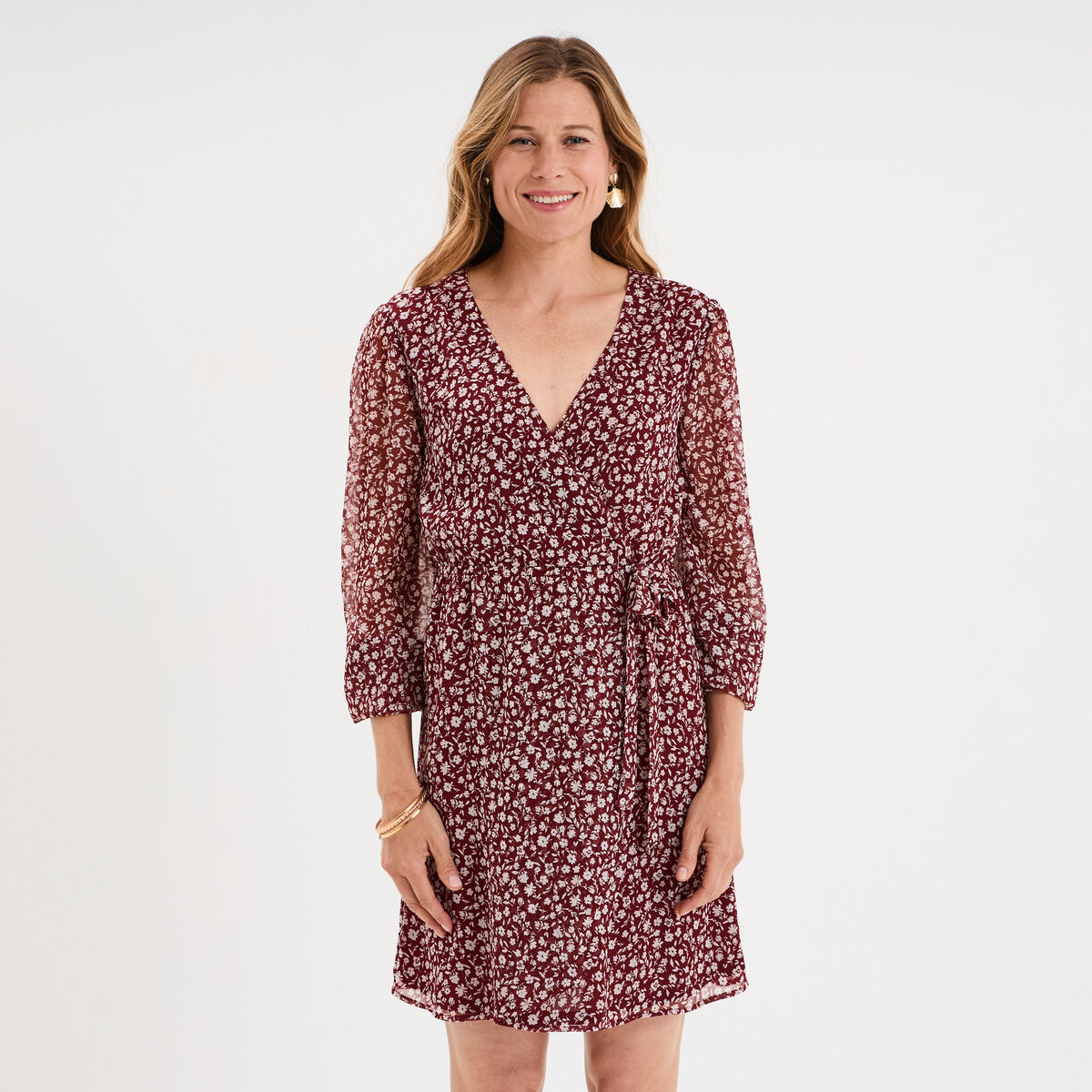 Robe manches longues col cache-coeur bordeaux femme
