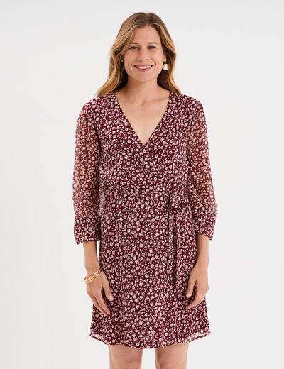 Robe manches longues col cache-coeur bordeaux femme