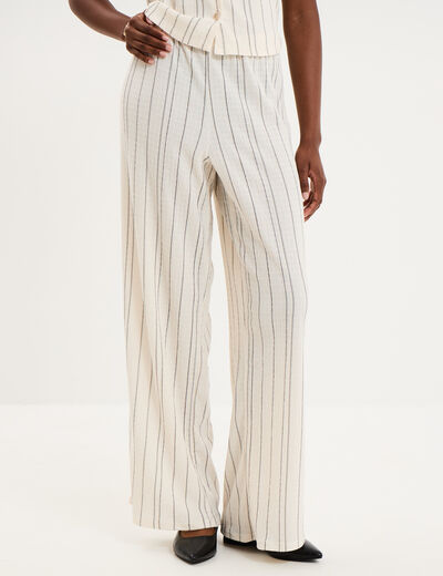Pantalon large gaufr&eacute; taille &eacute;lastiqu&eacute;e blanc femme