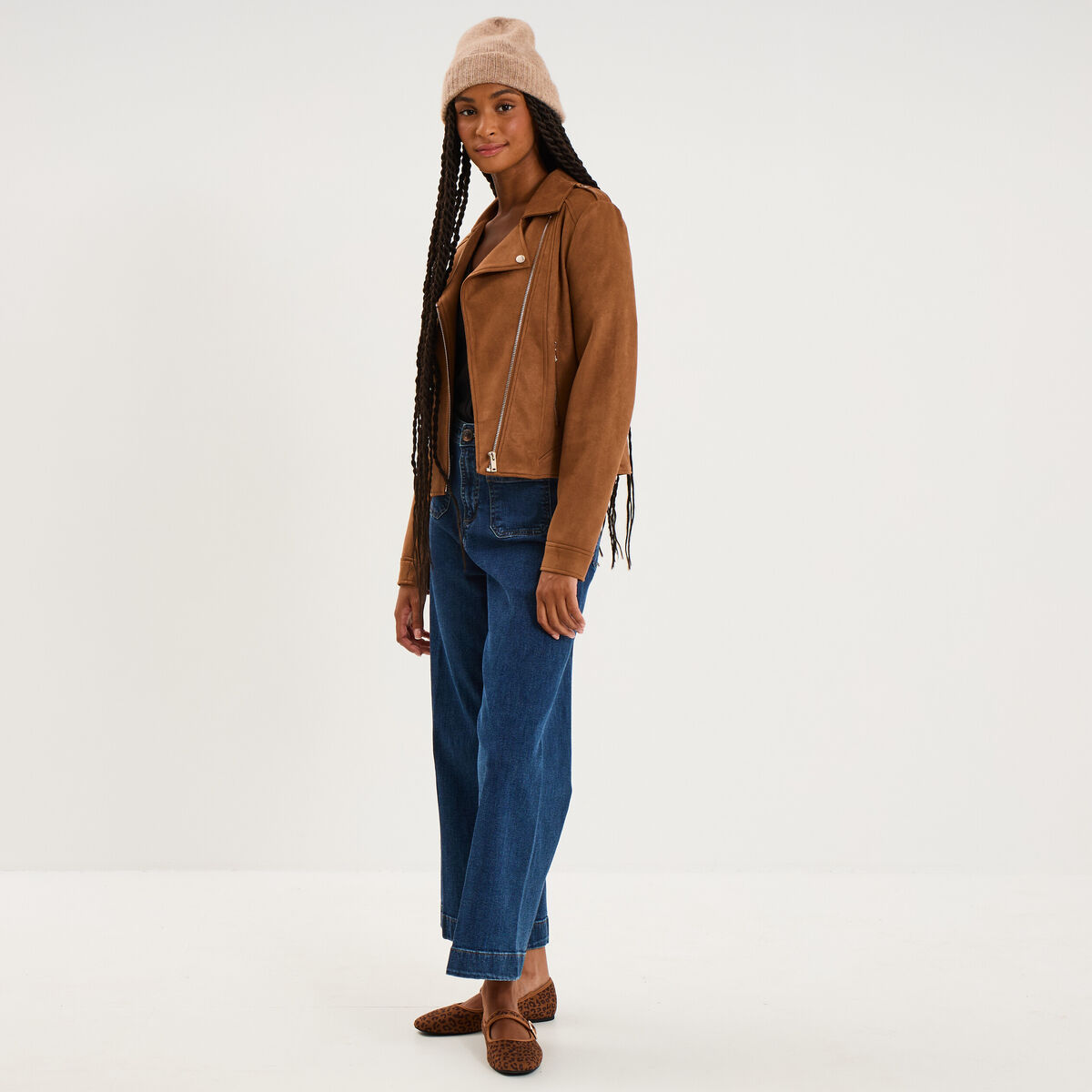 Veste biker effet su&eacute;dine camel femme