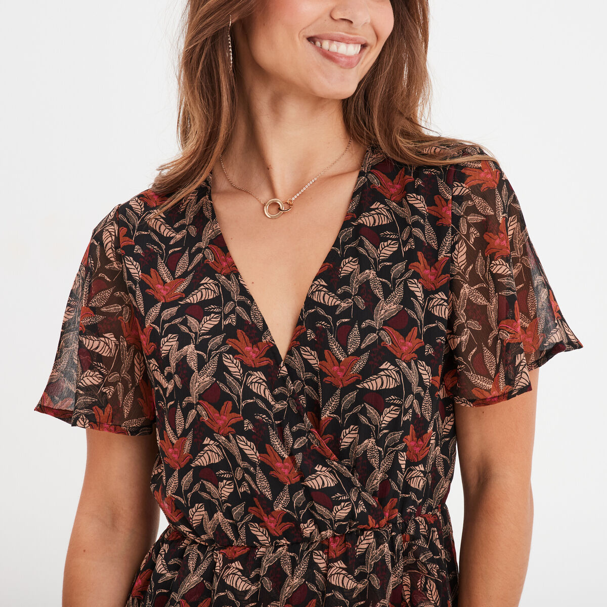 Robe col cache-coeur manches papillons camel femme