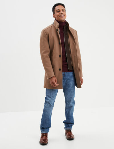 Manteau mi-long col montant boutonné taupe homme
