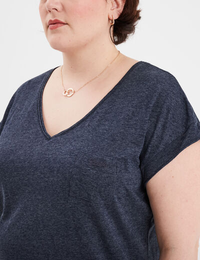 T-shirt effet chiné col en V avec poche bleu foncé femme grande taille