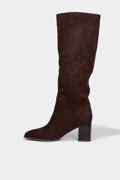 Botte haute talon bloc su&eacute;dine marron fonc&eacute; femme