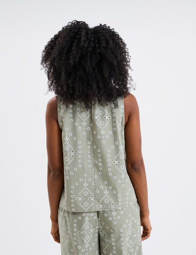 Blouse broderie anglaise sans manches vert clair femme