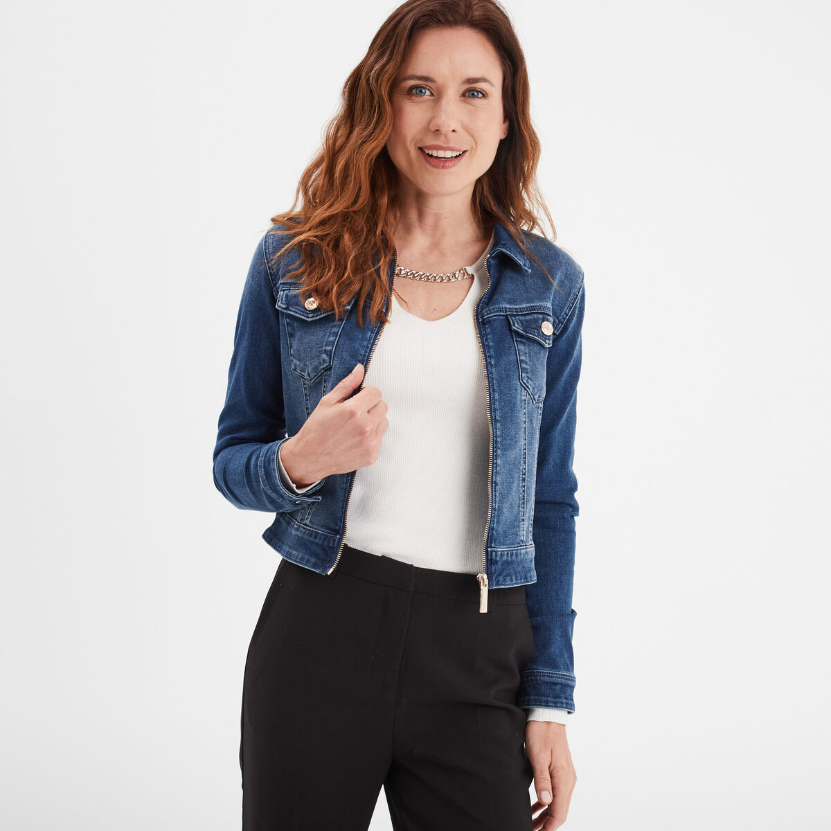 Veste en jean cintr&eacute;e zipp&eacute;e Mosquitos denim double stone femme