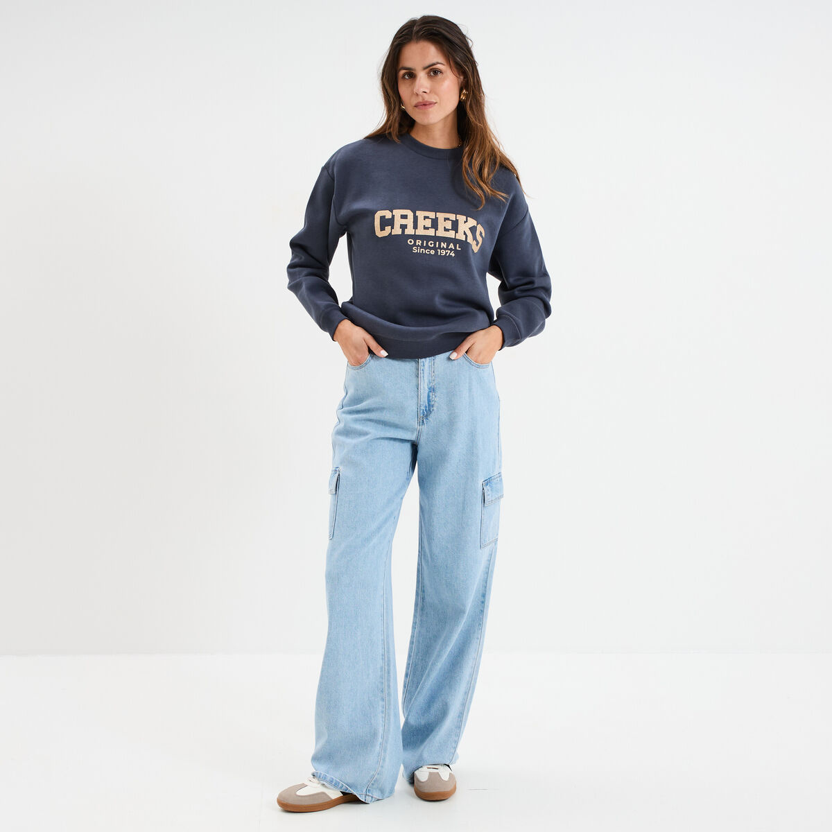 Sweat molleton col rond manches longues bleu fonc&eacute; femme
