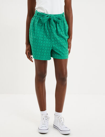 Short large broderie anglaise coton vert canard femme