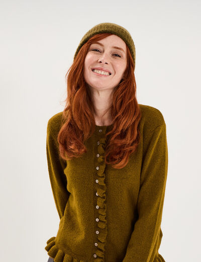Gilet col rond &agrave; volants boutonn&eacute; vert olive femme