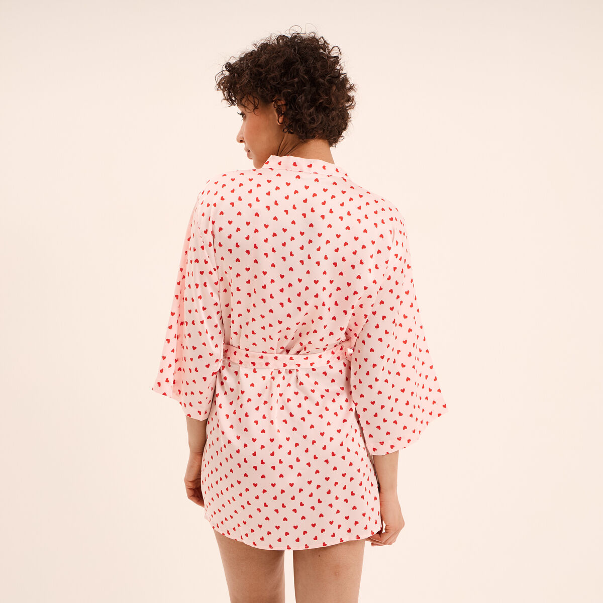 Peignoir kimono court effet satin rose clair femme