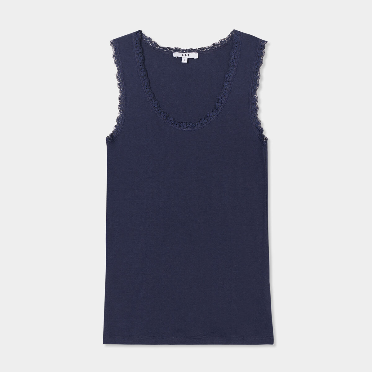 Débardeur coton bords dentelle bleu marine femme