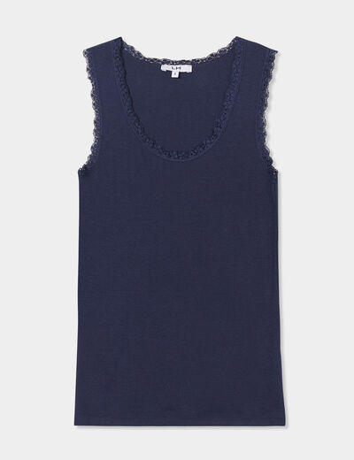 Débardeur coton bords dentelle bleu marine femme