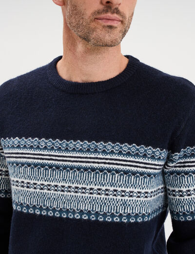 Pull jacquard col rond manches longues bleu fonc&eacute; homme