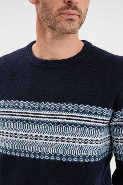 Pull jacquard col rond manches longues bleu fonc&eacute; homme
