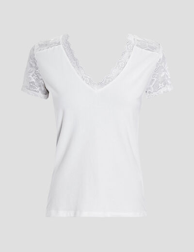 T-shirt détails dentelle dos ouvert ivoire femme