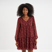 Robe évasée col en V et volants bordeaux femme