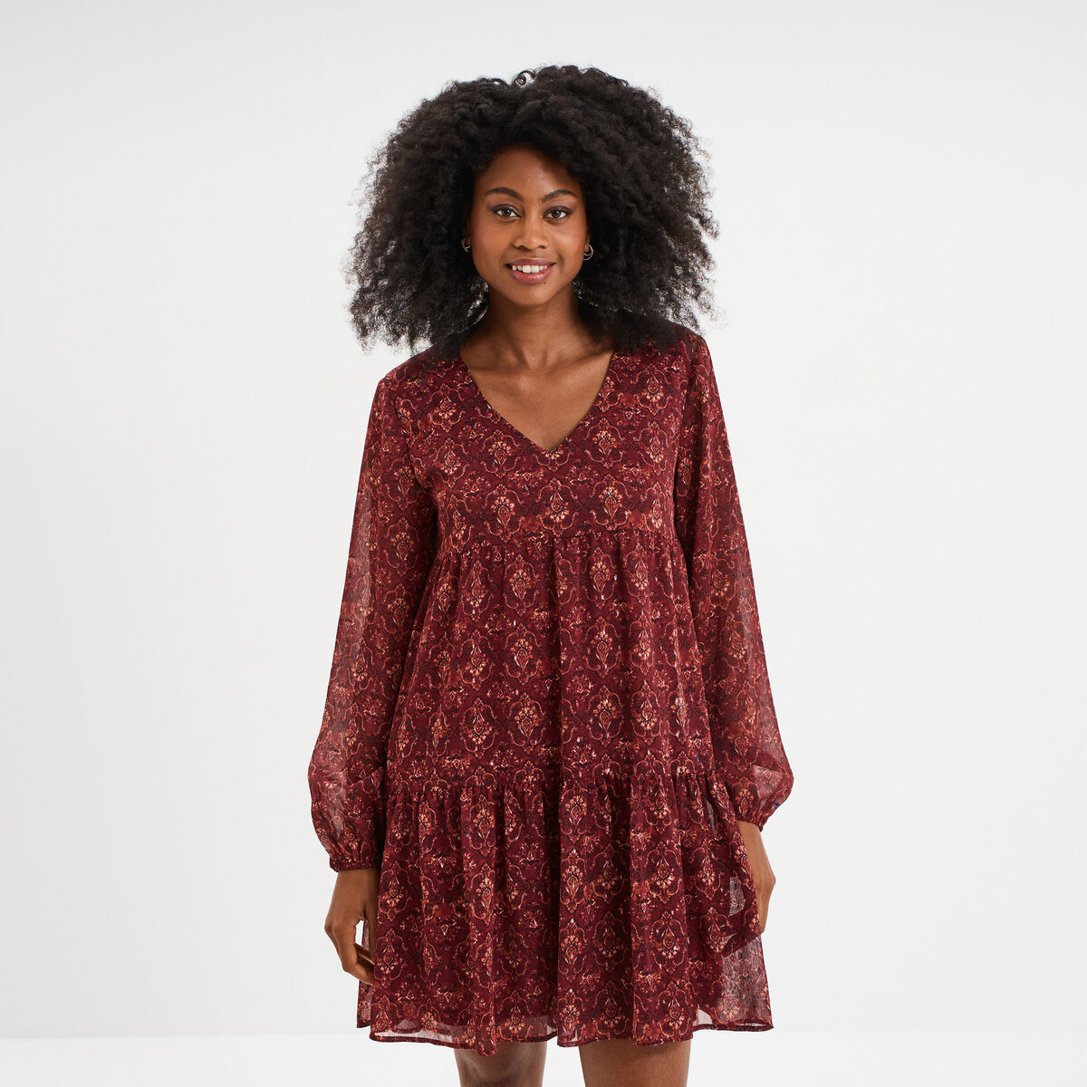 Robe évasée col en V et volants bordeaux femme