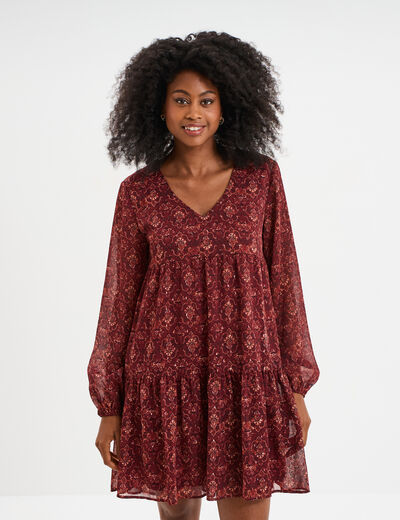 Robe évasée col en V et volants bordeaux femme