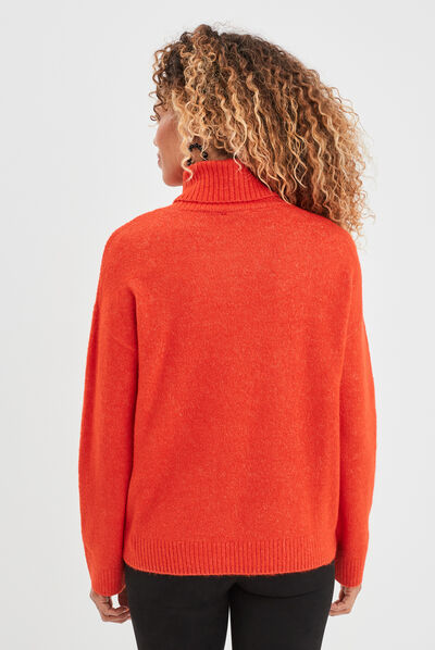 Pull col roulé droit manches longues rouge corail femme