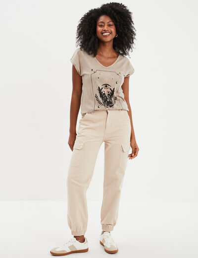 T-shirt coton col en V manches courtes vert kaki femme