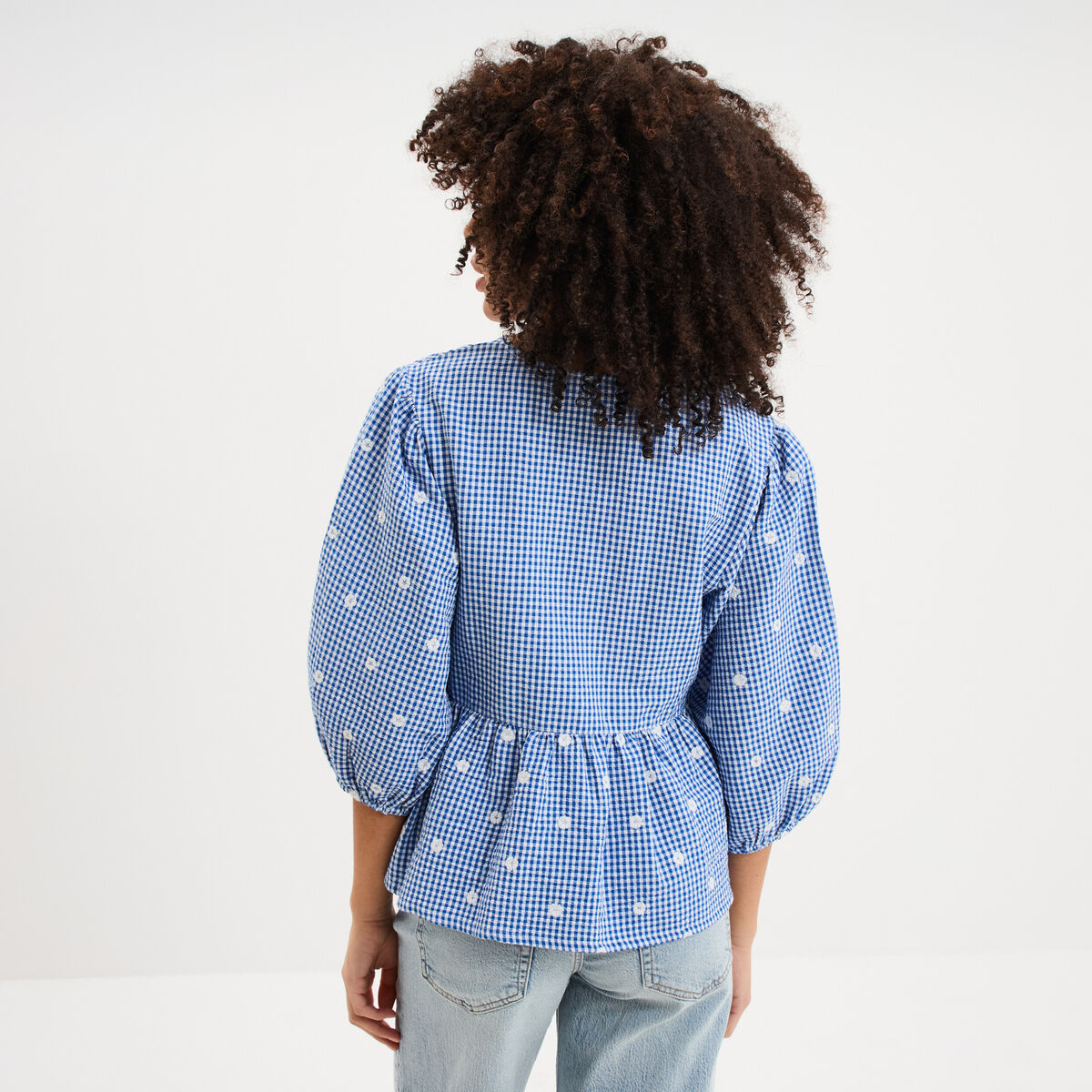 Blouse brod&eacute;e &agrave; basque manches 3/4 bleu marine femme